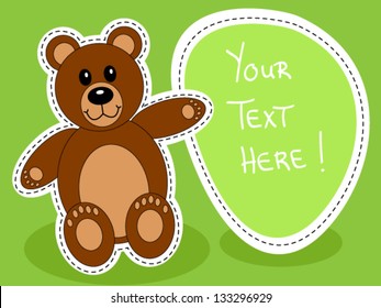 Cute brown teddy bear with blank sign over green background