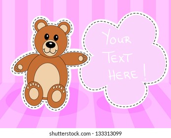 Cute brown teddy bear with blank sign over in pink room for baby girl announcement