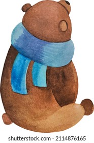 Cute brown teddy bear with blue scarf.Vector illustration drawn by hand. Clipart, book illustration. Isolated object on a white background.