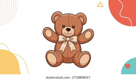 Personaje de oso de peluche marrón lindo con un lazo beige, sentado con los brazos abiertos contra un fondo blanco con Formas abstractas.