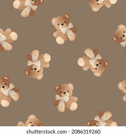 Cute Brown Teddy Bear Doll Seamless Pattern