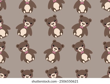 Cute brown teddy bear doodle art seamless pattern on a light brown background. For cards, frames, posters, book covers, textiles, wallpaper, wrapping and fabric. 