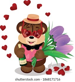 Cute brown Teddy bear dressed in a pink jacket, straw hat and red glasses, holds a bottle of champagne and a bouquet of purple tulips. Cartoon character. Funny kids toy.
