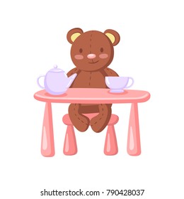 Cute brown teddy bear drinking tea at toy table, tea party cartoon vector Illustration