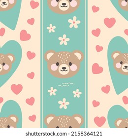 cute brown teddy bear face with red and blue hearts, kids woodland seamless pattern background, forest animals fabric and textile, wrapping paper design, childish pastel colors print