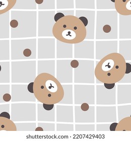 Cute brown teddy bear face pastel gray background for kids, kawaii animals wrapping paper, fabric and textile print. Vector 10 baby boy and girl clothes seamless pattern