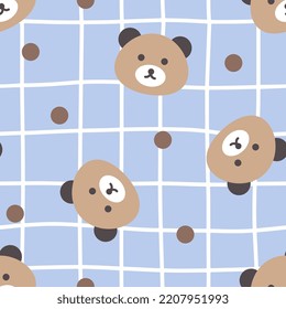Cute brown teddy bear face pastel blue background for kids, kawaii animals wrapping paper, fabric and textile print. Vector 10 baby boy and girl clothes seamless pattern