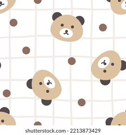 Cara de osito de peluche marrón sobre una manta kawaii de mano libre con fondo blanco limpio, patrón sin costura para niños y niñas. Papel de envolvimiento diseño infantil, tejido e impresión vectorial textil