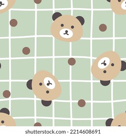 Cute brown teddy bear face on a freehand kawaii plaid with pastel green background, kids seamless pattern for girl and boy. Wrapping paper childish design, fabric and textile vector print