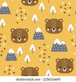Cute brown teddy bear face with trees and pines forest seamless pattern background, kids woodland animals mountains and bohemian abstract triangles fabric design.