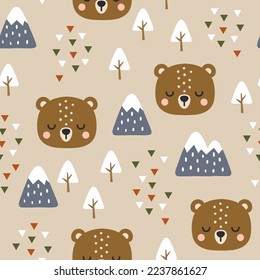 Cute brown teddy bear face with trees and pines forest seamless pattern background, kids woodland animals mountains and bohemian abstract triangles fabric design.