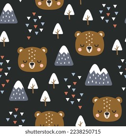 Cute brown teddy bear face with trees and pines black forest seamless pattern background, kids woodland animals mountains and bohemian abstract triangles fabric design.