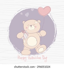 cute brown Teddy bear with a gift and a balloon in the shape of a heart