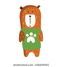 Cute brown teddy bear in green vest standing. Funny lovely animal colorful cartoon character vector Illustration