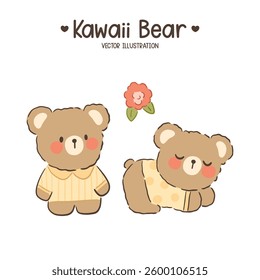 Cute brown teddy bear hand drawn character isolated on white with flower.