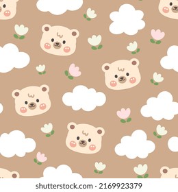 Cute brown teddy bear happy face with clouds and flowers. Kawaii animals kids seamless pattern background, fabric and textile print design