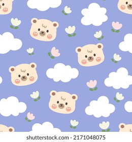 Cute brown teddy bear happy face with clouds and flowers on a pastel blue background. Kawaii animals kids seamless pattern, fabric and textile print design