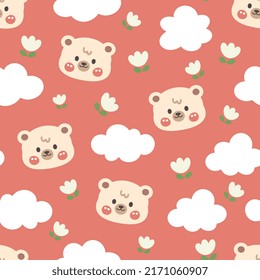 Cute brown teddy bear happy face with clouds and flowers. Kawaii animals kids seamless pattern background, fabric and textile print design