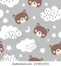 Cute brown teddy bear happy face with clouds and stars in the sky on a grey background. Kawaii animals kids seamless pattern, fabric and textile print design