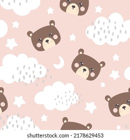 Cute brown teddy bear happy face with clouds and stars in the sky on a girly pastel pink background. Kawaii animals kids seamless pattern, fabric and textile print design