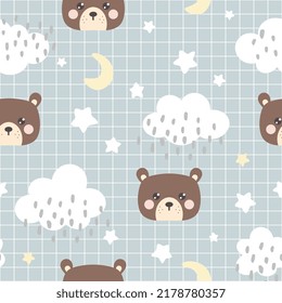 Cute brown teddy bear happy face with clouds and stars in the sky on a girly pastel blue background. Kawaii animals kids seamless pattern, fabric and textile print design