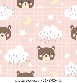 Cute brown teddy bear happy face with clouds and stars in the sky on a girly pastel pink background. Kawaii animals kids seamless pattern, fabric and textile print design