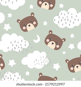 Cute brown teddy bear happy face with clouds and stars in the sky on a girly pastel green background. Kawaii animals kids seamless pattern, fabric and textile print design