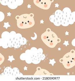 Oso de peluche marrón, cara feliz con nubes y estrellas en el cielo sobre un fondo pastel. Animales de Kawaii niños diseño de estampado sin fisuras, tejidos y textiles