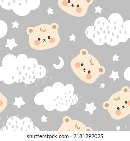 Oso de peluche marrón, cara feliz con nubes y estrellas en el cielo sobre un fondo marrón gris pastel. Animales de Kawaii niños diseño de estampado sin fisuras, tejidos y textiles