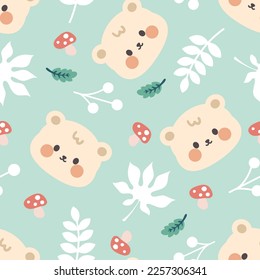 Cute brown teddy bear happy face and forest leaves   mushrooms mint pastel green background  Kawaii animals kids seamless pattern  fabric   textile print design