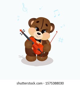 Cute brown Teddy bear holding a violin. Cartoon character. Funny kids toy.