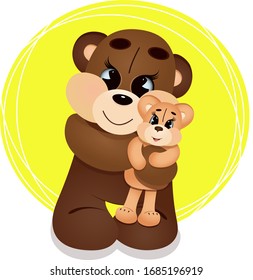 Cute brown Teddy bear holding a little bear. Cartoon character. Funny kids toy.