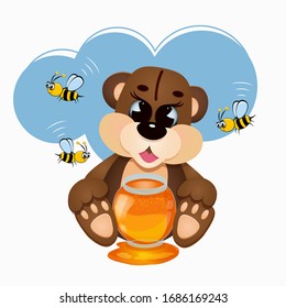 Cute brown Teddy bear holding a jar of honey. Cartoon character. Funny kids toy.