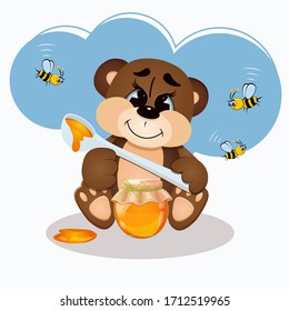 Cute brown Teddy bear holding a jar of honey and a spoon with honey. Cartoon character. Funny kids toy.