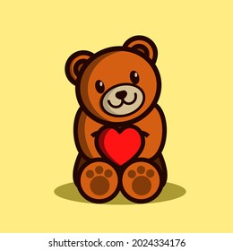 Cute Brown Teddy Bear Holding Heart or Love Shape Flat Vector Illustration