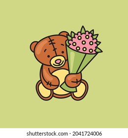 Cute brown teddy bear holding a bouquet of flowers. Vector illustration