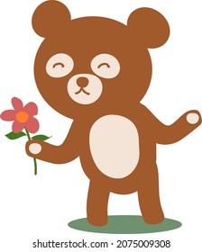 Cute brown teddy bear holding a pink flower. Flat vector illustration design isolated on white background.