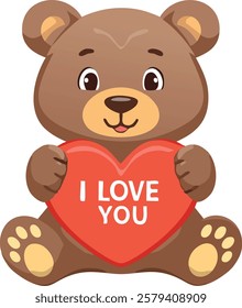 A cute brown teddy bear holding a red heart with the words "I LOVE YOU" written on it. The bear has an adorable expression, round ears, and soft-looking fur, making it a perfect representation of love