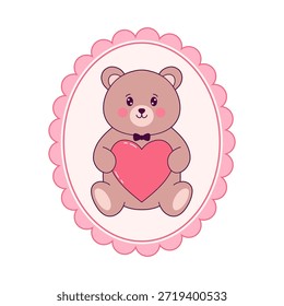 Oso de peluche marrón lindo que sostiene un corazón rosado dentro de un marco oval festoneado. Perfecto para el día de San Valentín, decoración de la guardería, o tarjetas de baby shower.
