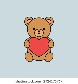 Urso de pelúcia marrom bonito segurando um ícone de ilustração vetorial do coração vermelho no estilo de desenho animado plano isolado