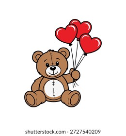Oso de peluche marrón lindo que sostiene un montón de globos en forma de corazón rojo en una ilustración juguetona aislada en un fondo blanco limpio