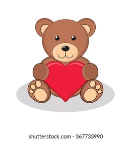Cute brown teddy bear holding red heart. Vector illustration