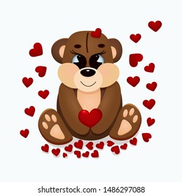Cute brown Teddy bear on isolated white background holding a red heart. Cartoon character. Funny kids toy.