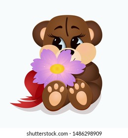 Cute brown Teddy bear on isolated white background holding a lilac flower with a red ribbon. Cartoon character. Funny kids toy.