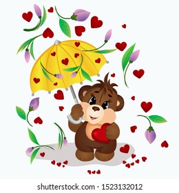 Cute brown Teddy bear on isolated white background holding a red heart and hiding under a yellow umbrella from the rain of flowers and hearts. Cartoon character. Funny kids toy.