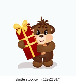 Cute brown teddy bear on isolated white background holding a gift with a golden bow. Cartoon character. Funny children's toy.