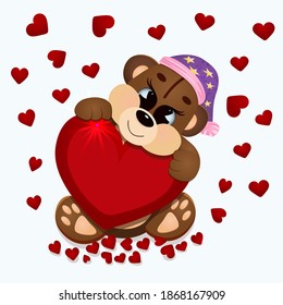 Cute brown Teddy bear on isolated white background holding a red heart. Cartoon character. Funny kids toy.