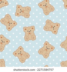 Cute brown teddy bear on a blue polka dot texture neutral seamless background. Kids fabric and textile vector pattern.