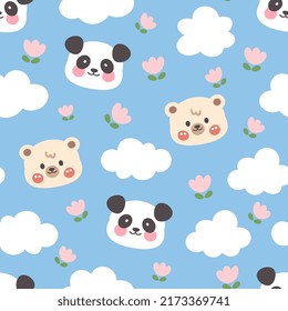 Cute brown teddy bear and panda happy face with clouds and flowers. Kawaii animals blue kids seamless pattern background, fabric and textile print design