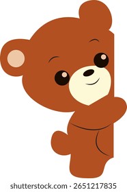 Cute Brown Teddy Bear Peeking Corner hand drawn